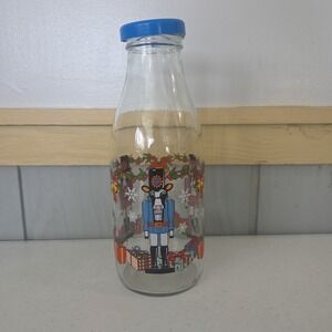 Vintage Sherwood Christmas Cow Nutcracker Glass Milk Bottle 32oz France Blue Cap